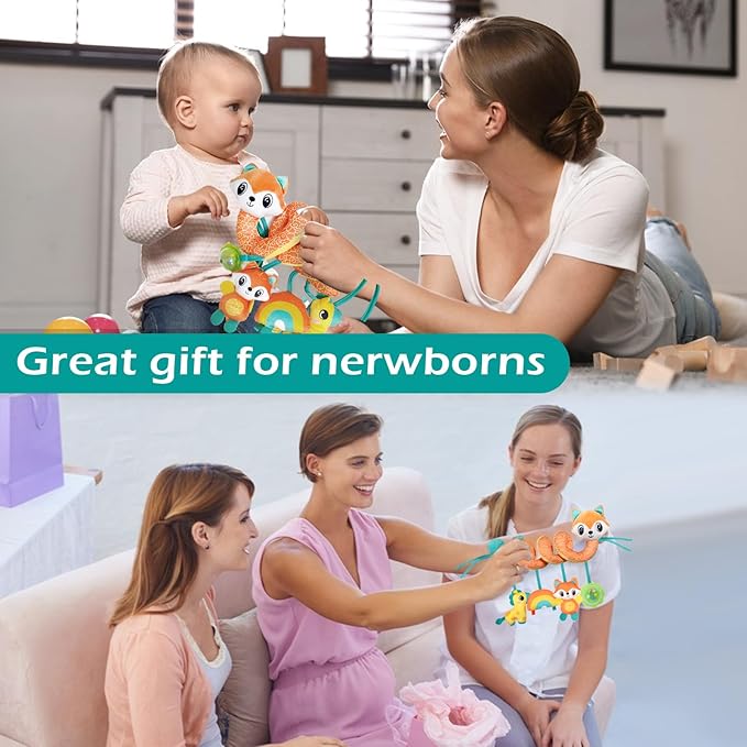Spiral Car Seat Toys Stroller Toy for Babies - Baby Crib Hanging Rattles Toys for Babies 0-12 Months, Carseat Pram Crib with Musical Rattle Toy for Newborn Boys Girls Gifts （Fox）