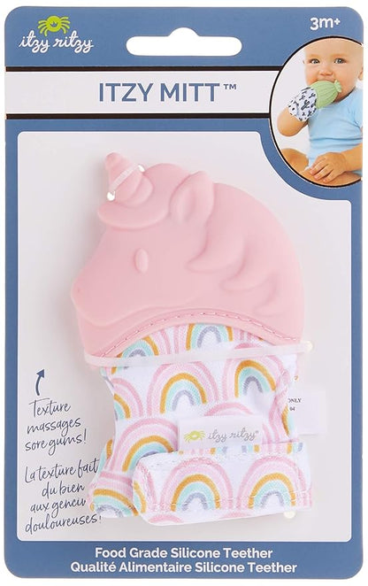 Itzy Ritzy Silicone Teething Mitt - Soothing Infant Teething Mitten w/Adjustable Strap, Crinkle Sound 3 Mos
