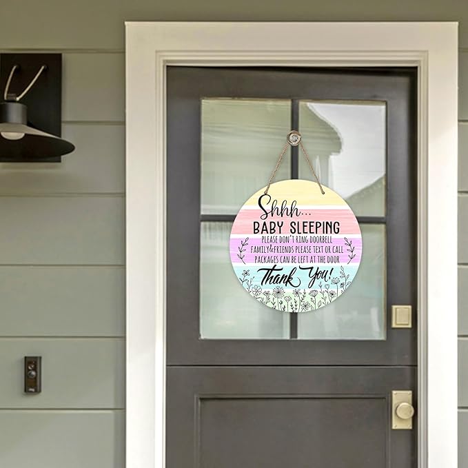Deroro Shhh Baby Sleeping Watercolor Front Door Sign, Please Don't Ring Doorbell Wood Door Hanger Outdoor Outside Porch Baby Room Decor