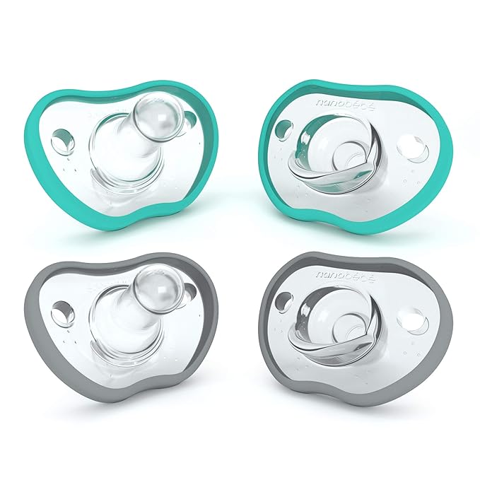 Nanobebe Baby Pacifiers 0-3 Month - Orthodontic, Curves Comfortably with Face Contour 100% Silicone 4pk,Teal/Grey