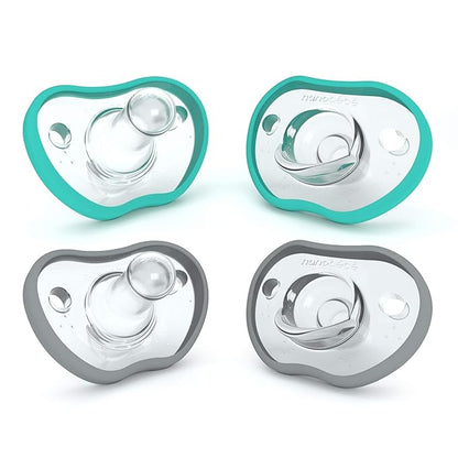 Nanobebe Baby Pacifiers 0-3 Month - Orthodontic, Curves Comfortably with Face Contour 100% Silicone 4pk,Teal/Grey
