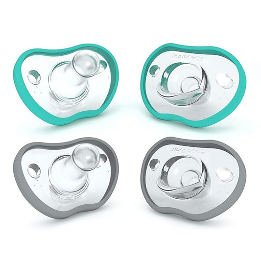 Nanobebe Baby Pacifiers 0-3 Month - Orthodontic, Curves Comfortably with Face Contour 100% Silicone 4pk,Teal/Grey