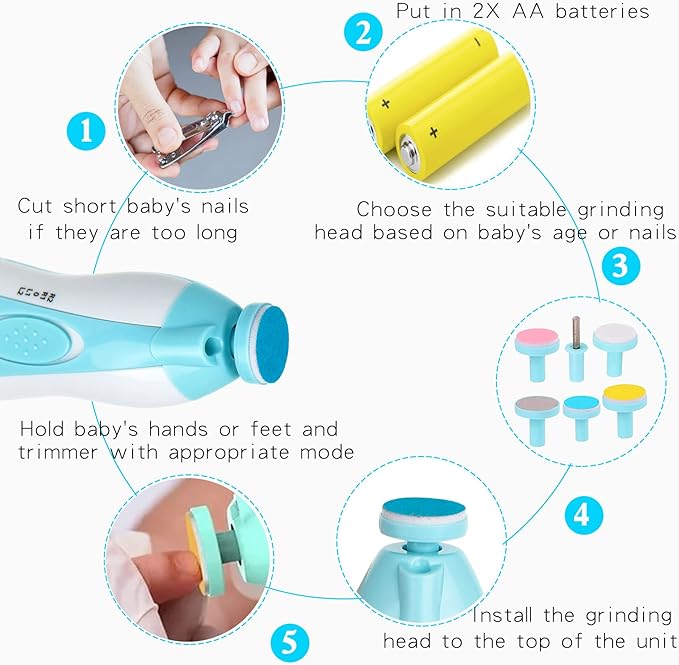 Baby Nail Trimmer Electric, Safe Baby Nail File with Light and 6 Grinding Pads for Newborn Toddler Toes and Fingernails,Baby Nail Trimmer Infant Nail File Electric (Blue)