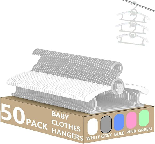HGYZE Kid Hangers for Closet 50pcs, Grey Infant Clothes Hanger 11-14" Adjustable Plastic Baby Coat Hangers with Bear Hook, Non-Slip Children Outfit Hangers for Girl Boy Toddler Newborn Teen Clothing