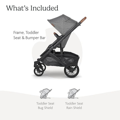 UPPAbaby Cruz V2 Stroller/Full-Featured Stroller with Travel System Capabilities/Toddler Seat, Bumper Bar, Bug Shield, Rain Shield Included/Greyson (Charcoal Mélange/Carbon Frame/Saddle Leather)