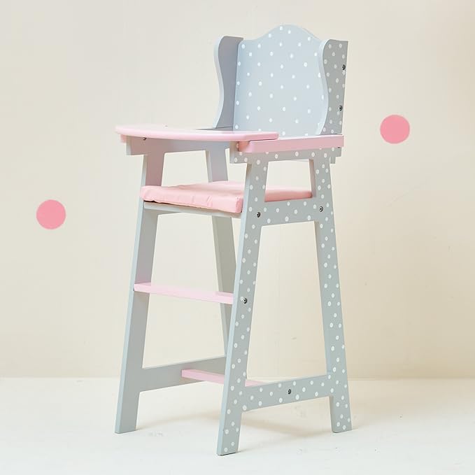 Olivia's Little World Doll High Chair for Baby Dolls, Wooden Doll Play Furniture with Pastel Polka Dot Princess Print & Fabric Seat for 16" to 18" Dolls