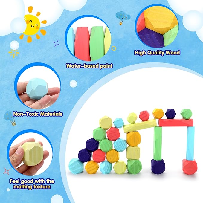 oathx Montessori Toys Wooden Blocks for Toddlers 1-3, 28Pcs Extra Large Stacking Stones Building Blocks 1+ Year
