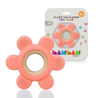 BAMBAM Baby Premium Silicone Teething Ring Toy – 100% BPA Free, Child Safety Tested, for Baby & Infant 0-6, 3-6 and 6-12 Months Teether Toys – Flora The Flower (Apricot Splash)