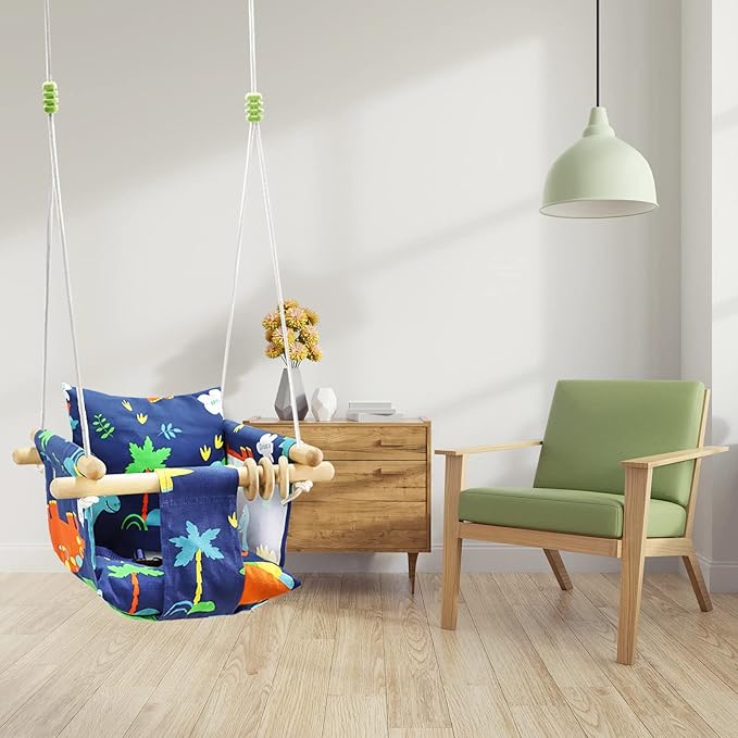 DILIMI Wooden Baby Swing Toddler Swing Indoor & Outdoor Infant Hanging Swing Chair with Canvas Cushion, Swing Sets for Backyard