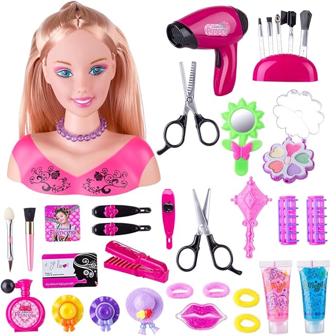 Makeup and Hair Styling Doll Head Toy Kit - 35Pieces Kids Pretend Play Set with Hair Dryer Washable Cosmetics Style Accessories, Makeup Practice Birthday Gifts for Girls