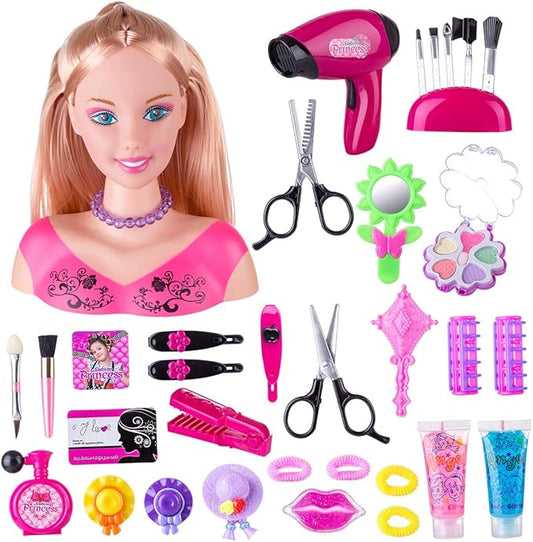 Makeup and Hair Styling Doll Head Toy Kit - 35Pieces Kids Pretend Play Set with Hair Dryer Washable Cosmetics Style Accessories, Makeup Practice Birthday Gifts for Girls