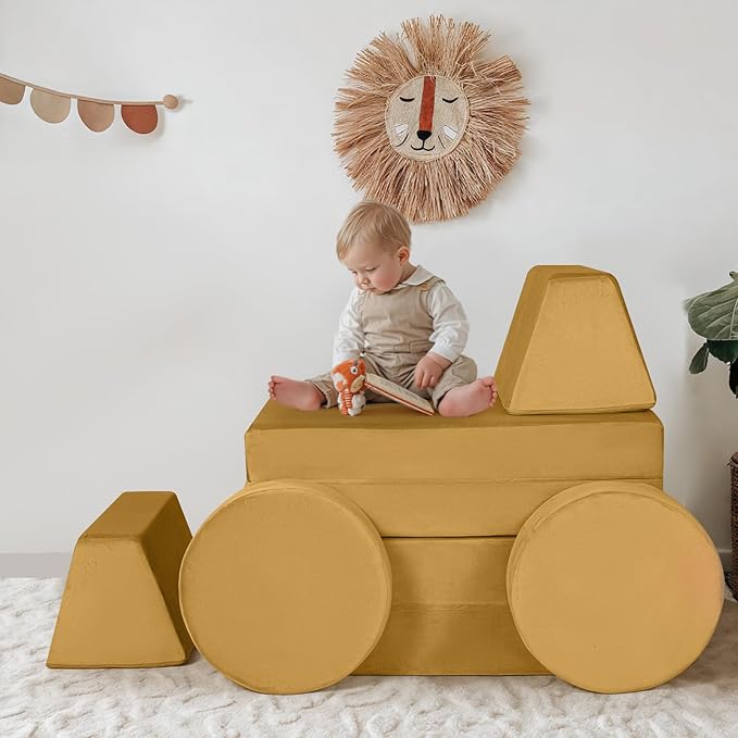 MeMoreCool Modular Kids Couch Sofa, Mustard 8-Piece Convertible Foam Play Couch Set for Toddlers and Playroom