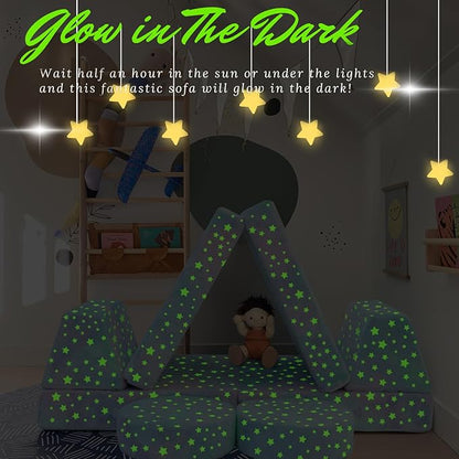 MeMoreCool Modular Glow Sofa for Kids, Colorful Star 8-Piece Convertible Foam Toddler Couch Play Set for Playroom and Children
