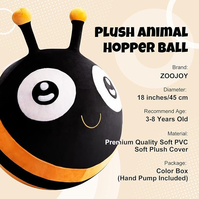 Hopper Ball - Inflatable Bee Jumping Ball- Plush Hippity Hop Toys for Kids, 18 Inch Bouncy Ball with Handle for Boys Girls Aged 3-8
