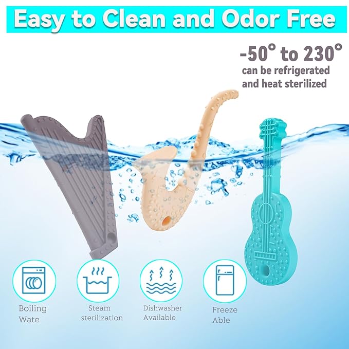 Baby Teething Toys，5 Pack Baby Teether Toys，BPA-Free，Teether Chew Toy Set，Soft Textures，Musical Instrument Shape Silicone Toddler Teething Toys for Babies 6-12 Months (Musical Instrument)