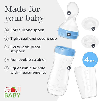 4 oz Silicone Baby Food Dispensing Spoon - 4 Pack - Great for 4+ Month Infants - Includes Stopper - Easy to Use and Mess-Free - Precise Food-Release Feeder - Great for Travel (Blue)