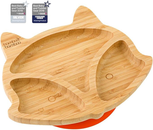 Bamboo Baby Plate with Suction - Kids and Toddler Suction Cup Plate for Babies, Non-Toxic All-Natural Bamboo Baby Food Plate Stays Cool to The Touch for Baby-Led Weaning (Fox-Orange)