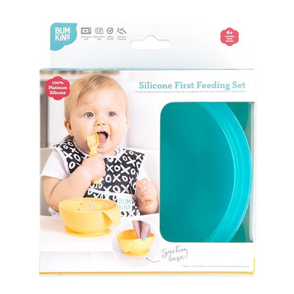 Bumkins Baby Bowl, Silicone Feeding Set with Suction for Baby and Toddler, Includes Spoon and Lid, First Feeding Set, Training Essentials for Baby Led Weaning for Babies 4 Months Up, Blue Jelly