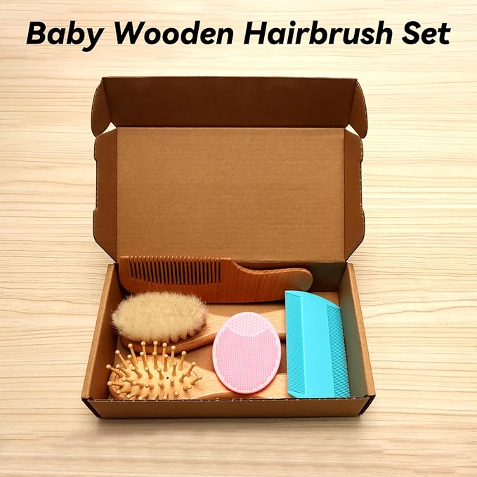 Goat Baby Hair Brush Set, Wooden Comb Massage Scalp Comb