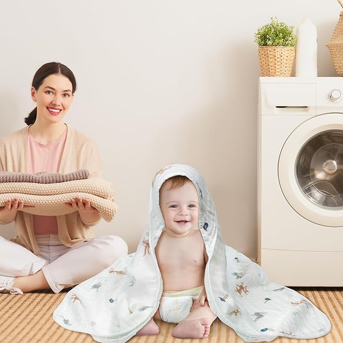 Zainpe 4Pcs Muslin Baby Hooded Towel & Washcloth Set Deer 31.5 x 31.5 in