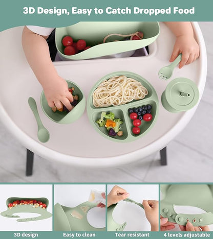 Silicone Baby Feeding Set, 10 Pcs Baby Led Weaning Supplies with Suction Bowl Divided Plate Adjustable Bib Soft Spoon Fork Snack Cup with Lid Drinking Cup, Utensil (Dark Green)