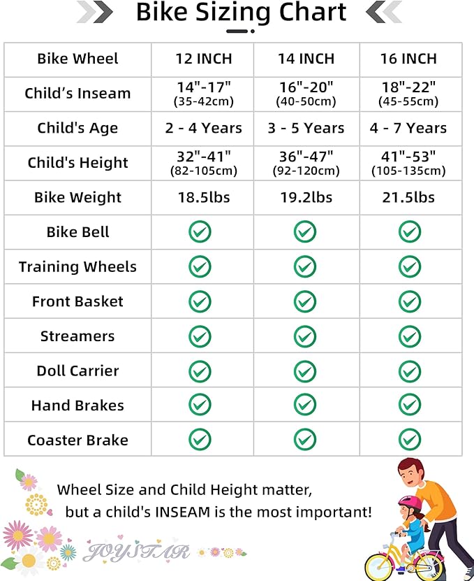 JOYSTAR Little Daisy Kids Bike for Girls Boys Ages 2-7 Years, 12 14 16 Inch Girls Bikes with Doll Bike Seat & Streamers