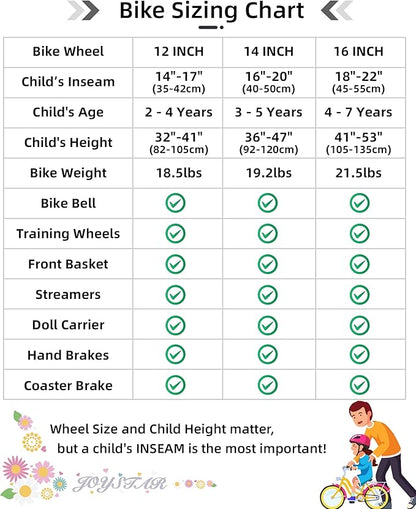 JOYSTAR Little Daisy Kids Bike for Girls Boys Ages 2-7 Years, 12 14 16 Inch Girls Bikes with Doll Bike Seat & Streamers