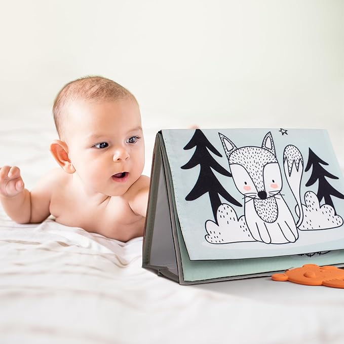 Soft Tummy Time Book w/ Large Stimulating Baby Safe Mirror - Fun High Contrast Montessori Toy w/ Mirror, Crinkle Filling & Silicone Teether