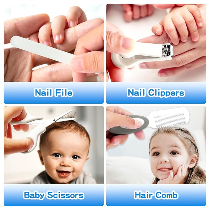 Baby Healthcare and Grooming Kit, 21 in 1 Portable Baby Essentials Kit with Gas Relief Hair Brush Comb Nasal Aspirator for Newborn Boys Girls (Grey White)