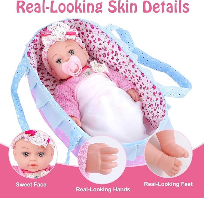 Realistic Baby Dolls 12 Inch Girl Baby Doll with Accessories and Clothes Includes Blanket,Carrier Bassinet Bed 3 Ages