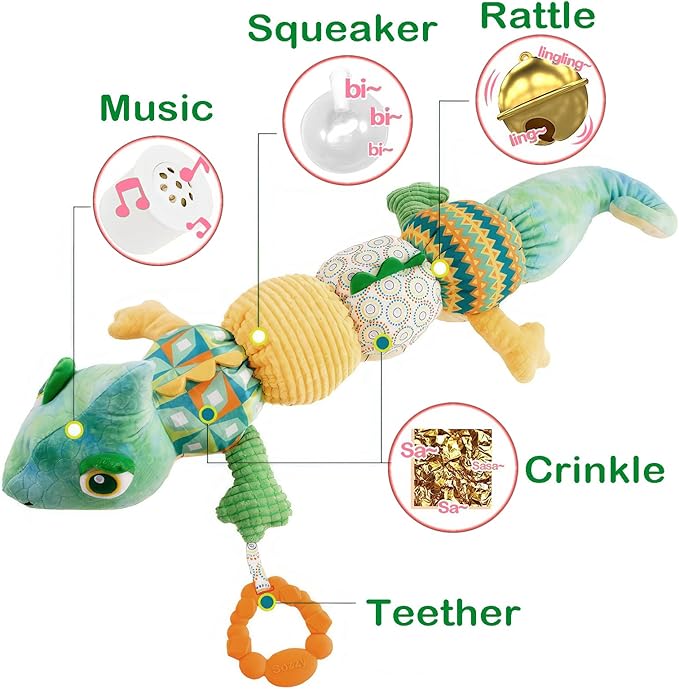 Infant Musical Stuffed Animal Toys, Activity Soft Sensory Toy with Baby Teething Toys 0 3 6 12