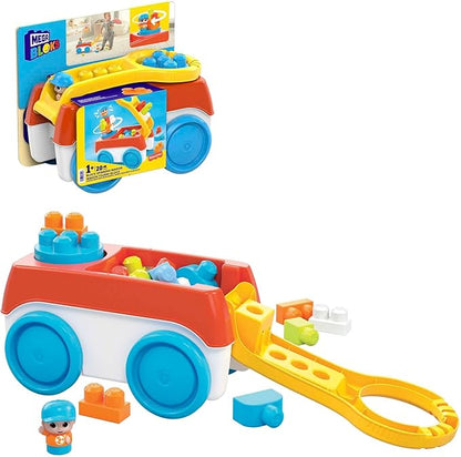Mega BLOKS First Builders Toddler Building Toy Set, Block Spinning Wagon with 20 Pieces and Storage 1 Figure, 1+ Years