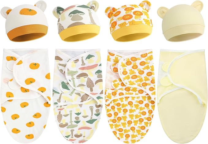 Buryeah 4 Pack Preemie Swaddle Blanket Wrap Set with Hat for Baby Boys Girls 3-7 Lbs Preemie Newborn Clothes Sleepers Cap