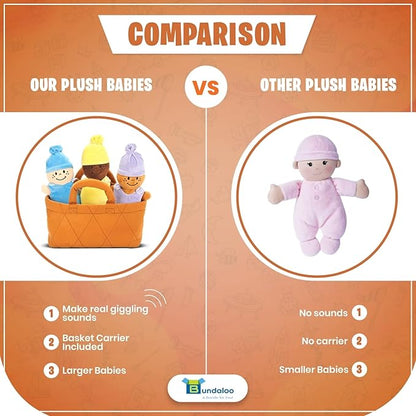 Bundaloo Basket of Babies with Realistic Giggling Sounds - Plush Baby Doll Set with Carrier 3 Multicultural