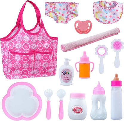 BABESIDE Baby Doll Bottles and Accessories 15 Pcs Baby Doll Feeding Set Including Diaper Bag, Magic Bottles 12-15 Inches