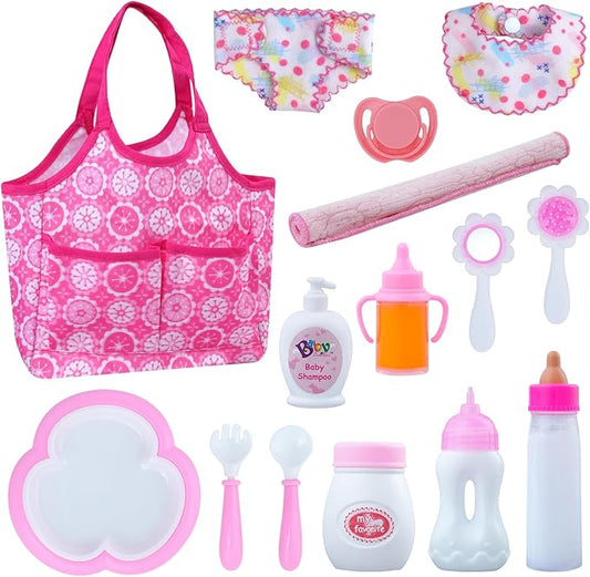 BABESIDE Baby Doll Bottles and Accessories 15 Pcs Baby Doll Feeding Set Including Diaper Bag, Magic Bottles 12-15 Inches
