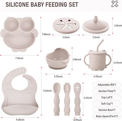 Baby Weaning Set, Silicone Baby Feeding Set(10 Pcs), Toddler Weaning Set with Adjustable Bib, Suction Bowl, Plate, Fork, Spoon, Water & Snack Cup Kit, Baby Led Weaning Kit for Babies and Kids