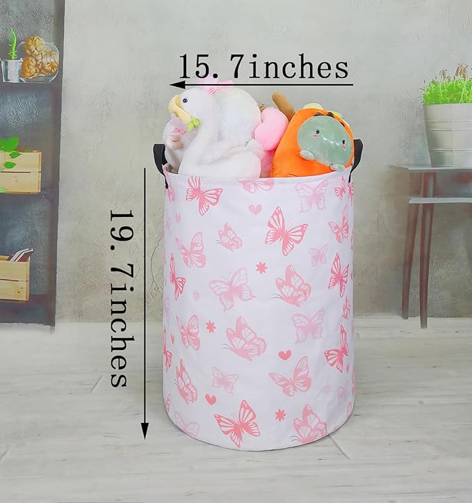Round Pink Butterfly Laundry Basket for Girls Room Decor, Kids