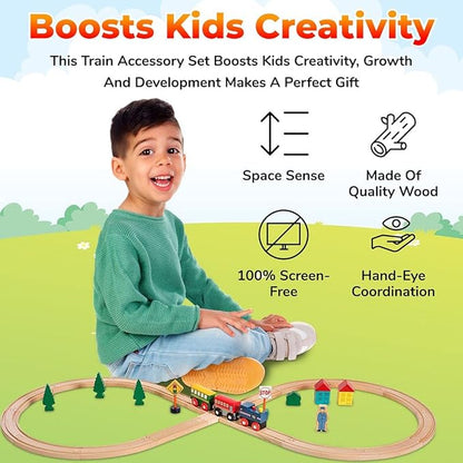Wooden Train Set 35 Piece All in One Wooden Toy Train Tracks Set with Magnetic Trains and Railway Accessories, Comes in A Clear Container, Compatible with All Major Brands