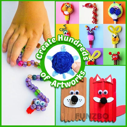 FUNZBO 1200pcs+ Arts and Crafts Supplies for Kids- Craft Kits with St Patricks Day Pipe Cleaners, Pom Poms for Crafts, Popsicle Sticks for Crafts, Crafts for Kids Ages 4-8 Girls & Boys