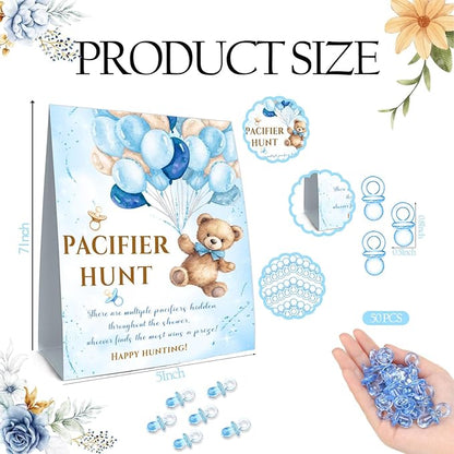 Winnie Pacifier Hunt Sign, Mini Pacifiers Baby Shower Game Set 50Pcs Blue