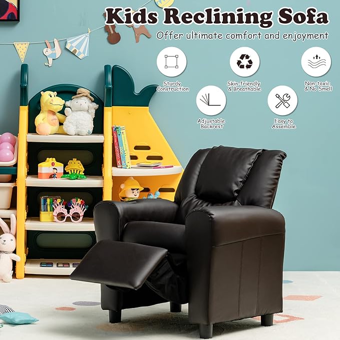 Costzon Kids Recliner Chair with Cup Holder, Toddler Furniture Children Armrest Sofa w/Headrest & Footrest for Girls Boys Baby Bedroom, Kids Room, PU Leather Kids Recliner Couch (Brown)
