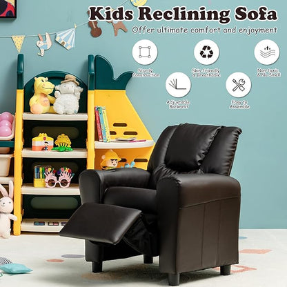 Costzon Kids Recliner Chair with Cup Holder, Toddler Furniture Children Armrest Sofa w/Headrest & Footrest for Girls Boys Baby Bedroom, Kids Room, PU Leather Kids Recliner Couch (Brown)
