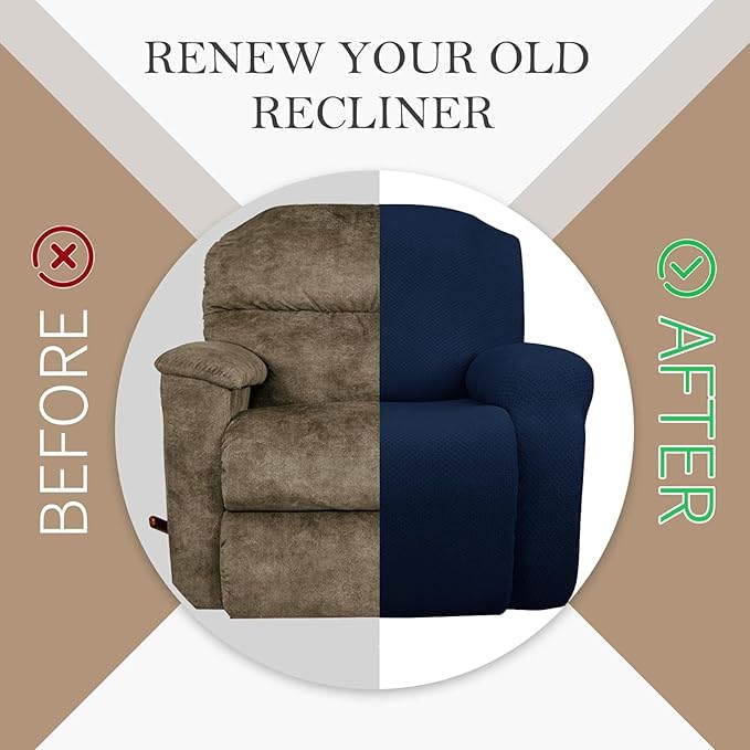 JIVINER 4-Piece Recliner Chair Covers Stretch Jacquard Covers for Recliner Chair Recliner Slipcovers for Living Room Soft Recliner Protector with Pocket (Recliner, Navy Blue)