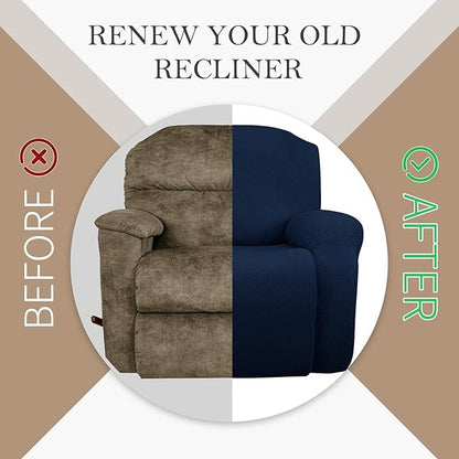 JIVINER 4-Piece Recliner Chair Covers Stretch Jacquard Covers for Recliner Chair Recliner Slipcovers for Living Room Soft Recliner Protector with Pocket (Recliner, Navy Blue)