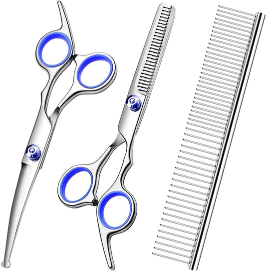 Professional Dog Grooming Scissors Kit, Titanium Coated Dog Scissors for Grooming, Grooming Shears Kit - Thinning, Curved Scissors and Comb for Dog Cat Pet (Blue 4 in 1)