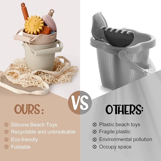 Hungdao 14 Pcs Silicone Beach Toys Travel Beach Set Sand Toys Include 2 Silicone Bucket Pail, 2 Shovel 9 Sand 1 Beach