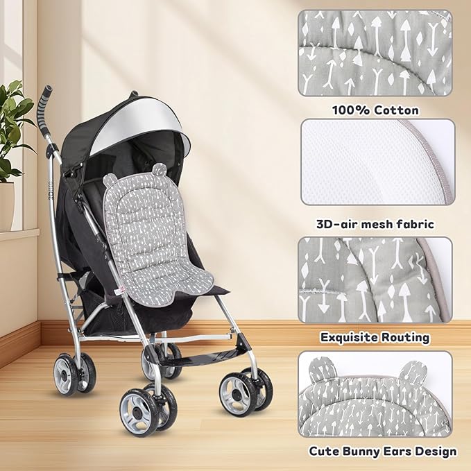 Miracle Baby Car Seat Insert Universal Breathable Baby Stroller Cushion Reversible 3D Air Mesh Cotton Stroller Mat for CarSeat, Buggy, Carrycot, High Chair (Grey Arrow)