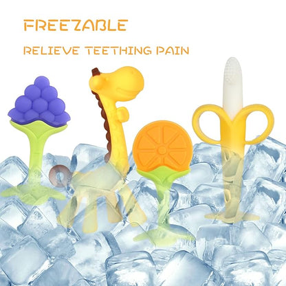 Chuya Teething Toys (4 Pack) Teething Toy for Baby, Teethers with Banana Baby Toothbrush Teeth Brushing 3-6 Months