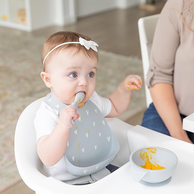 Bumkins Baby Bowl, Silicone Feeding Set with Suction for Baby and Toddler, Includes Spoon and Lid, First Feeding Set, Training Essentials for Baby Led Weaning for Babies 4 Months Up, Gray